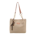 Beige woven straw tote bag with pink leather straps and decorative bow charm - Pink (With Charm)
