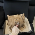 Brown suede fringed shoulder bag with bohemian tassels and vintage metal buckle details - Khaki