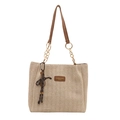 Beige woven straw tote bag with brown leather straps and gold chain link details - Brown (With Pendant)