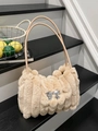 Plush beige faux fur hobo bag with vertical stripes and silver bow decoration - Khaki