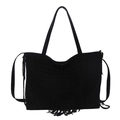 Borsa tote nera stile boho con frange in morbido scamosciato e tracolla rimovibile - Nero