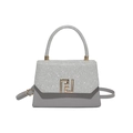 Borsa a mano grigio argento glitterata con fibbia geometrica dorata e tracolla sottile - Argento