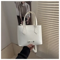 Minimalist white PU leather crossbody bucket bag with fashion metal plate decor - White