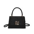 Borsa a mano nera chic con patta glitterata e fibbia dorata quadrata elegante - Nero