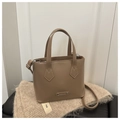 Minimalist tan brown PU leather bucket bag with silver hardware and dual straps - Khaki