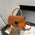 Caramel faux crocodile leather crossbody bag with metallic square lock and round handle - Brown