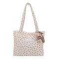 Quilted off-white tote bag with black heart patterns and a plush leopard cat pendant - White and Black with Pendant