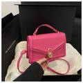 Minimalist bright pink leather small square handbag with a gold oval metal clasp - Rose Pink