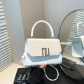 Minimalist white leather handbag with woven flap and gold FF-style metal buckle - White