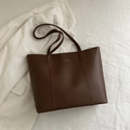 Deep brown leather tote bag with gold lettering and shoulder strap for daily fashion - Dark Brown