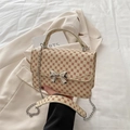 Chic beige bow square bag with red clover print and silver metal chain strap - Khaki Monogram