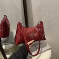 Retro burgundy oversized hobo bag with silver rivets and metallic buckle strap - Red