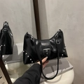 Chic black rivet shoulder bag with silver studs and Y2K punk style mirror reflection - Black