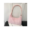 Sac à main rose en peluche côtelée avec texture fausse fourrure et bandoulière cuir - Rose