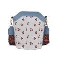 White bucket bag with cherry print, blue trim and geometric jacquard wide strap - Blue