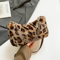 Leopard print faux fur underarm bag with silver chain and brown leather strap - Brown
