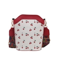 White leather bucket bag with red cherry print and a colorful wide geometric strap - Red