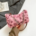 Pink heart leopard faux fur shoulder bag with silver chain and brown strap - Pink