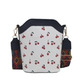 White cherry print bucket bag with navy blue trim and colorful woven strap - Black