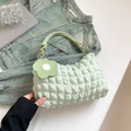 Light green bubble fabric cylinder handbag with flower charm and woven handle detail - Green