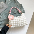 White bubble textured cylinder handbag with pink rope handle and flower charm detail - White with Pink
