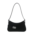 Sleek black faux leather underarm bag with silver metallic buckle and curved silhouette - Black