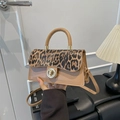 Fashionable leopard print flap crossbody bag with khaki synthetic leather and gold clasp - Khaki