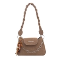Sac bandoulière en cuir marron givré avec chaîne florale et pompon en bois - Khaki Avec Pendentif