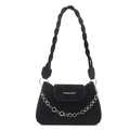Black matte suede shoulder bag with woven strap and silver floral chain decoration - Black
