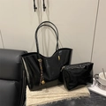 Large black oil-wax leather tote bag set with a glossy finish and golden charm - No Pendant / Black