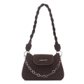 Dark brown suede shoulder bag with woven handle and silver floral chain decoration - Brown