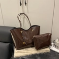 Dark brown oil wax leather tote bag with matching zipper pouch and woven pendant - No Pendant / Brown