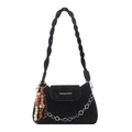 Black suede shoulder bag with braided strap, beaded tassel and floral chain detail - Black With Pendant