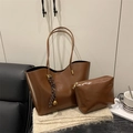 Brown large capacity leather tote bag set with matching inner pouch and tassel - No Pendant / Brown