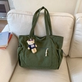 Bolso tote de pana verde oscuro para mujer con un lindo colgante de oso de peluche - Verde (con colgante)