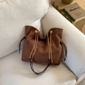 Brown faux suede tote bag with golden chain strap and drawstring detail - Coffee Without Pendant