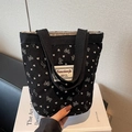 Black corduroy tote bag with white heart and bow prints for daily use - Black