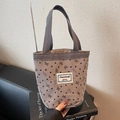 Beige corduroy handbag with black bow heart prints and gray webbing handles - Gray