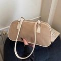 Minimalist camel suede baguette bag with off-white leather straps and gold zipper - Khaki