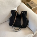 Minimalist black suede tote bag with drawstring detail and gold chain straps - Black - Without Pendant