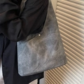 Minimalist large capacity shoulder bag in dark grey suede with silver metal detail - Dark Brown