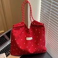 Rote Canvas-Tragetasche mit Blumenmuster, Streifentextur und Seilgriffen für den Alltag - Burgunderrot