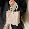 Borsa in lino con ricamo floreale, trama di iuta e manico in corda bianca - Albicocca