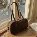 Minimalist dark brown suede underarm baguette bag with elegant gold zipper closure - Coffee