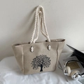 Bolso tote de lino beige con estampado de árbol y asas de cuerda de algodón - Árbol grande