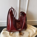 Deep red shiny PU leather Hobo tote bag with versatile straps and silver metal plate - Wine Red Without Pendant