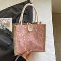 Borsa porta pranzo rosa con ricamo a farfalla bianca e manico in corda di cotone - Rosa