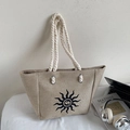 Bolso tote de lino de gran capacidad con estampado solar y asas de cuerda trenzada - Graffiti
