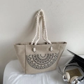 Bolso tote de lino beige con estampado geométrico negro y asas de cuerda de algodón - Semicírculo