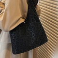 Large vintage black leopard print velvet tote bag with minimalist silver cylindrical buckle - Black